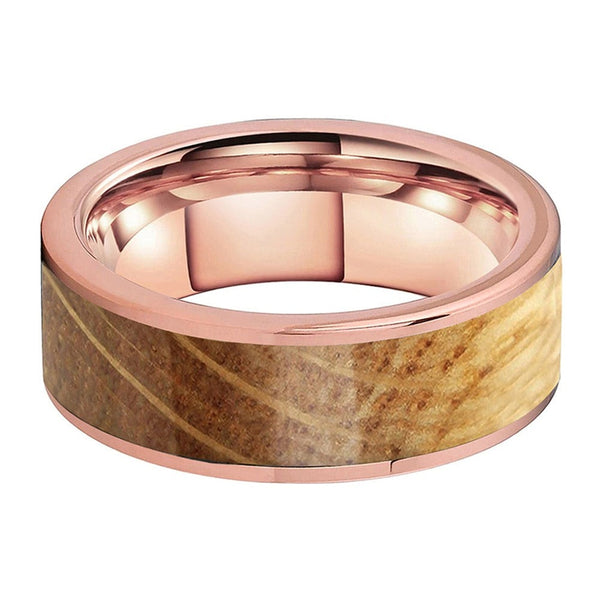 Flat Rose Gold & Whiskey Barrel Inlay Tungsten Ring (8mm) | Tymber Gear.