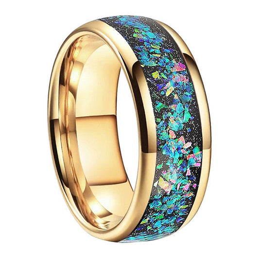 Yellow gold tungsten wedding band with vibrant crushed opal inlay detail with white background