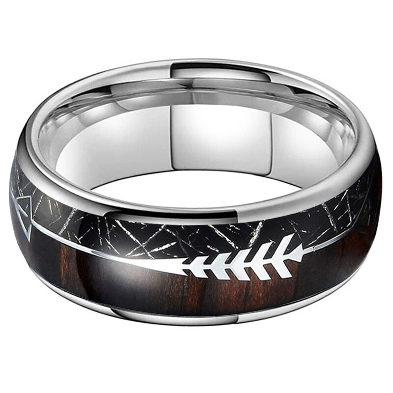 Koa Wood & Black Meteorite Arrow Tungsten Ring (8mm) | Tymber Gear.