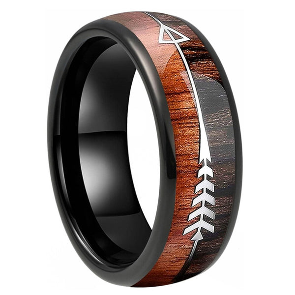 Black Tungsten Ring with An Arrow & Wood Inlay (8mm)