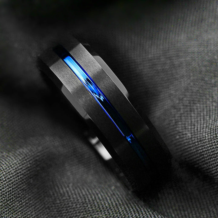 Beveled Edge Black Tungsten & Blue Inlay Ring (8mm) | Tymber Gear.