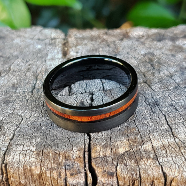 Koa Wood & Brushed Black Tungsten Statement Ring | Tymber Gear.