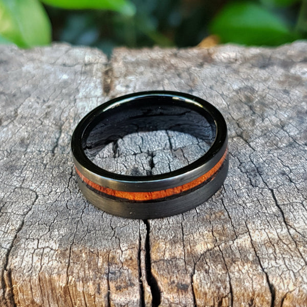 Koa Wood & Brushed Black Tungsten Statement Ring | Tymber Gear.
