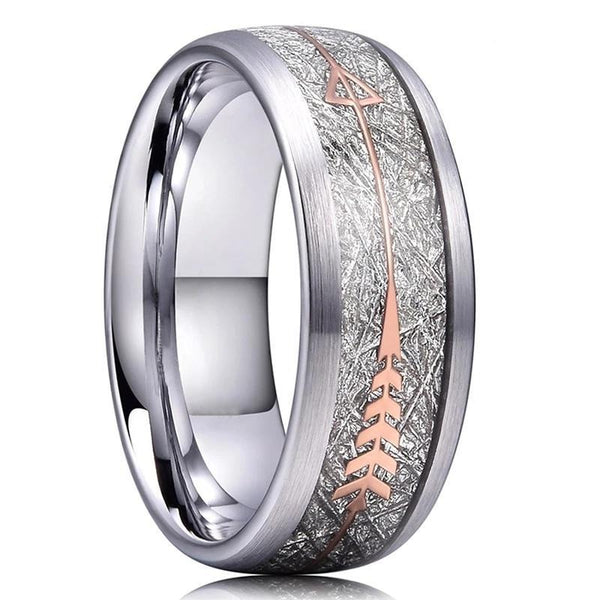 GRAY BRUSHED TUNGSTEN WITH SILVER & ROSE GOLD ARROW INLAY RING (8MM) | Tymber Gear.