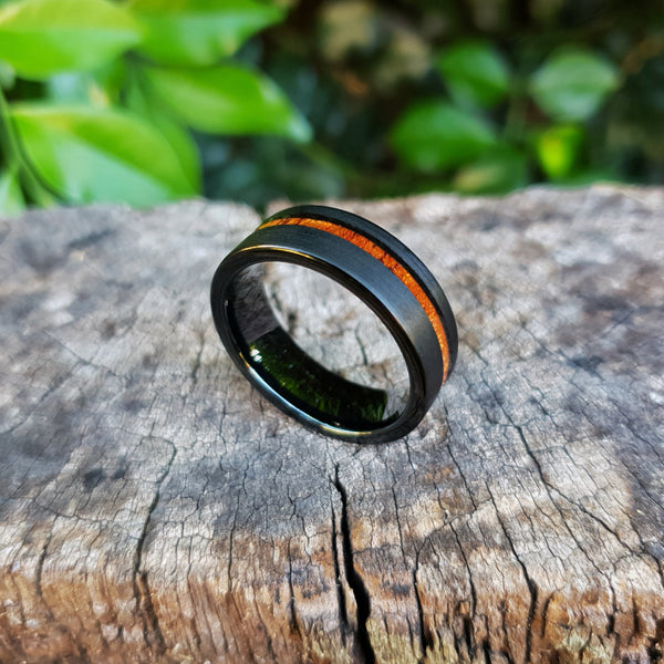 Koa Wood & Brushed Black Tungsten Statement Ring | Tymber Gear.