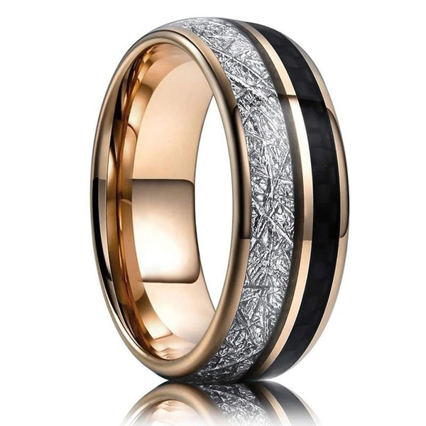 Rose Gold Tungsten Ring with Silver Meteorite & Black Carbon Fiber Inlay (8mm) | Tymber Gear.