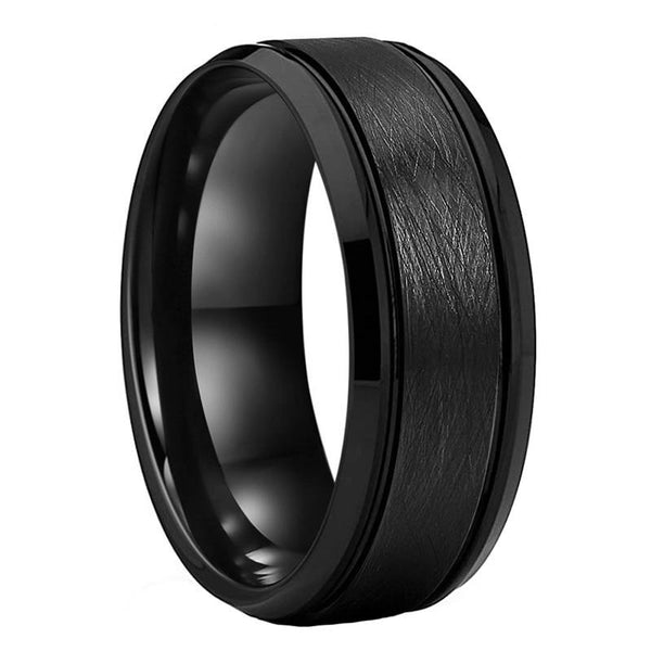 Brushed Black Centre with Beveled Ladder Edge Tungsten Ring (8mm) | Tymber Gear.