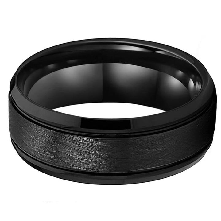 Brushed Black Centre with Beveled Ladder Edge Tungsten Ring (8mm) | Tymber Gear.