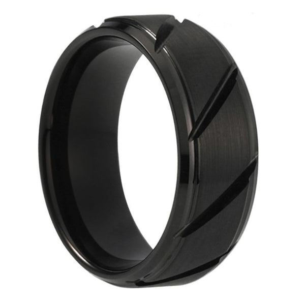 Black Tungsten & Beveled Grooves Ring (8mm) | Tymber Gear.