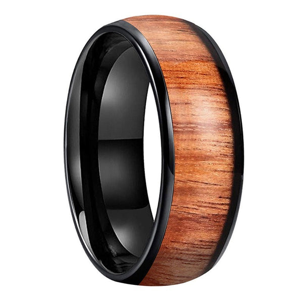 Whiskey Barrel Oak inlay & Black Tungsten Dome Ring (8mm) | Tymber Gear.