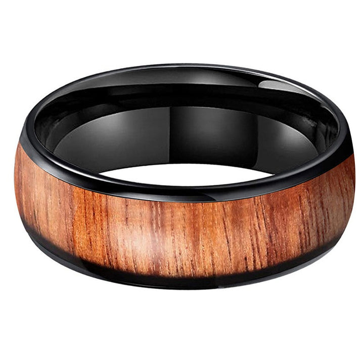 Whiskey Barrel Oak inlay & Black Tungsten Dome Ring (8mm) | Tymber Gear.