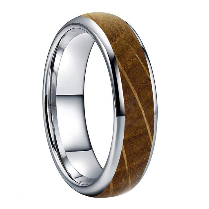 Whiskey Barrel Oak & Silver Tungsten Dome Ring (6mm) | Tymber Gear.