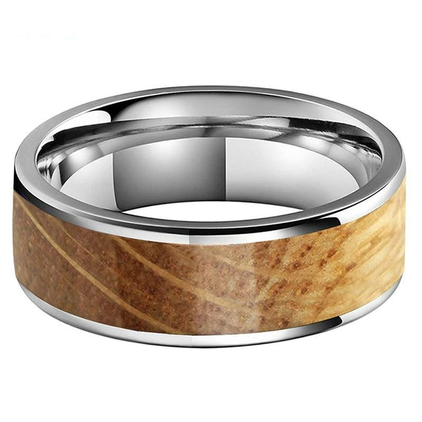 Whiskey Barrel Oak Flat Inlay & Silver Tungsten (8mm) | Tymber Gear.