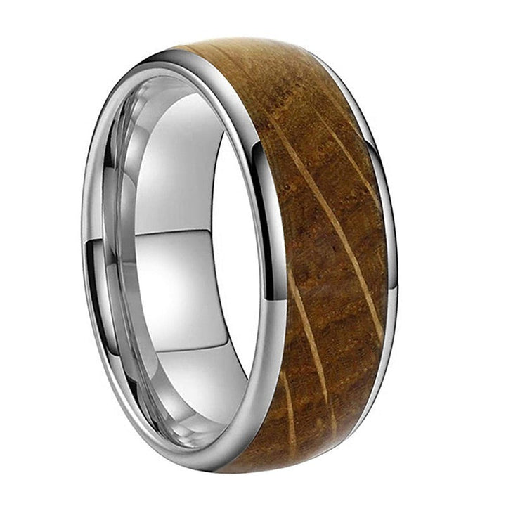 Whiskey Barrel Oak inlay & Silver Tungsten Dome Ring (8mm) | Tymber Gear.