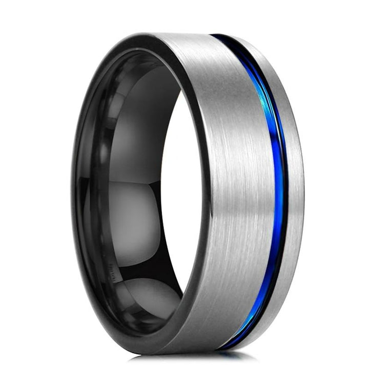 Brushed Silver & Offset Blue Inlay Tungsten Ring (8mm) | Tymber Gear.