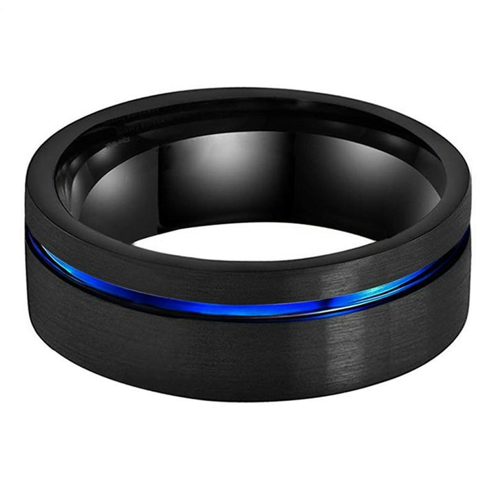 Brushed Black & Offset Blue Inlay Tungsten Ring (8mm) | Tymber Gear.