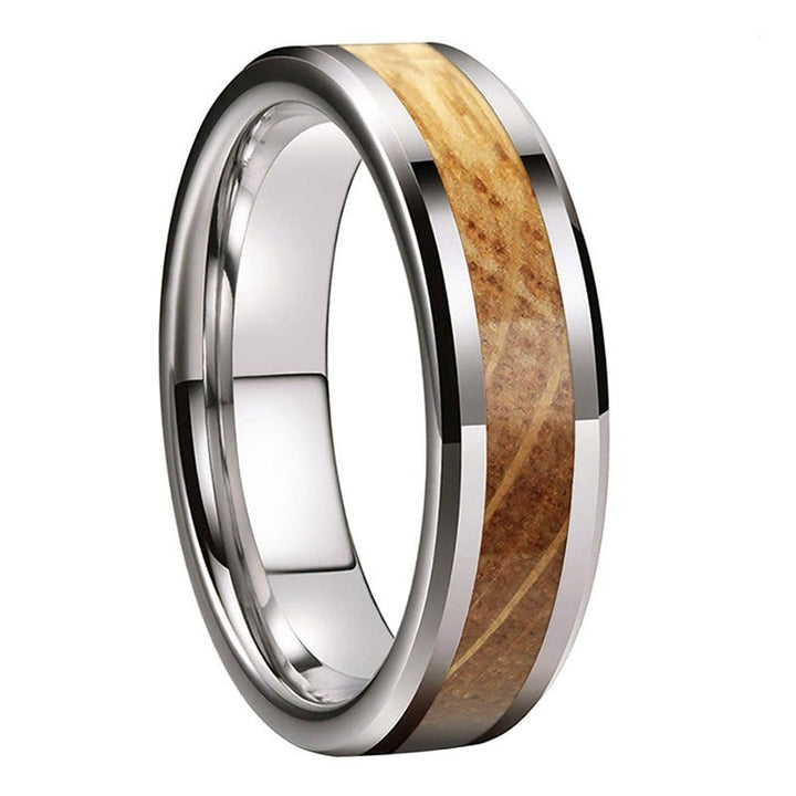 Whiskey Barrel Oak & Silver Tungsten with Bevelled Edge Ring (6mm) | Tymber Gear.