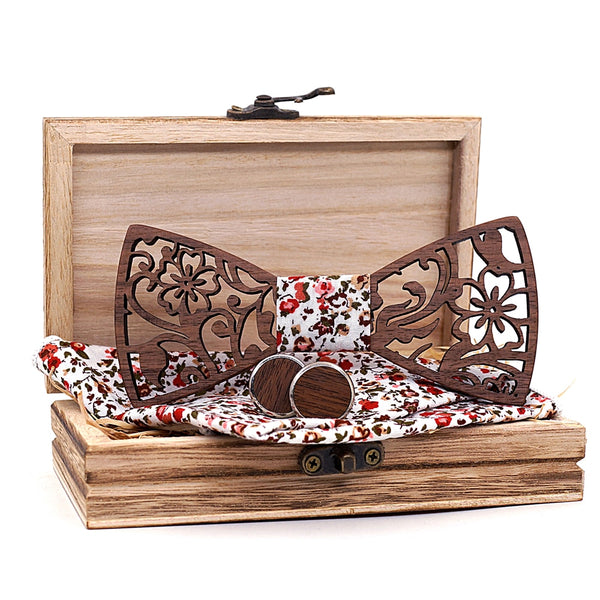 Hollow Floral Wood Bow Tie Set | Tymber Gear.