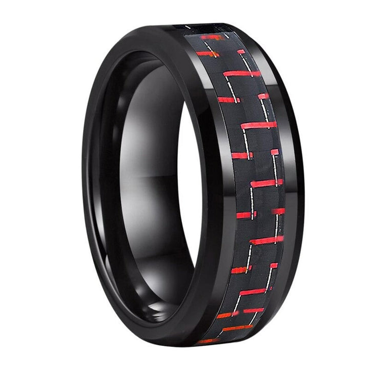 Black Tungsten & Red Carbon Fiber Ring (8mm) | Tymber Gear.
