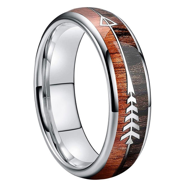 Silver Tungsten Ring with An Arrow & Wood Inlay (6mm)