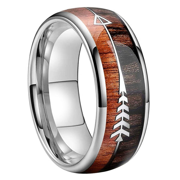 Silver Tungsten Ring with An Arrow & Wood Inlay (8mm)