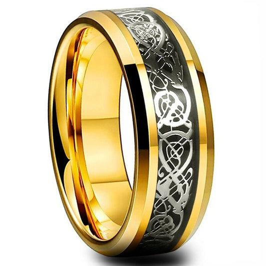Silver Celtic Dragon & Gold Tungsten Ring (8mm) | Tymber Gear.